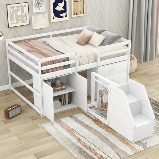 Euroco Wood Full Size Loft Bed, Moveable 3 Drawers and Cabinet, Clothes Hanger and Staricase for Kid 19698613738 24.3.9