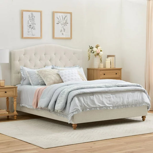 My Texas House Anna Upholstered Diamond Tufted Platform Bed, King, Oat，19542506419，24/3/22